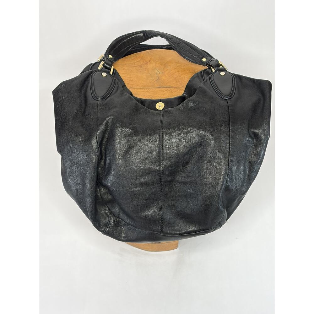 BCBG MaxAzria Black Leather Slouchy Hobo Bag Gold Hardware Soft Shoulder Purse